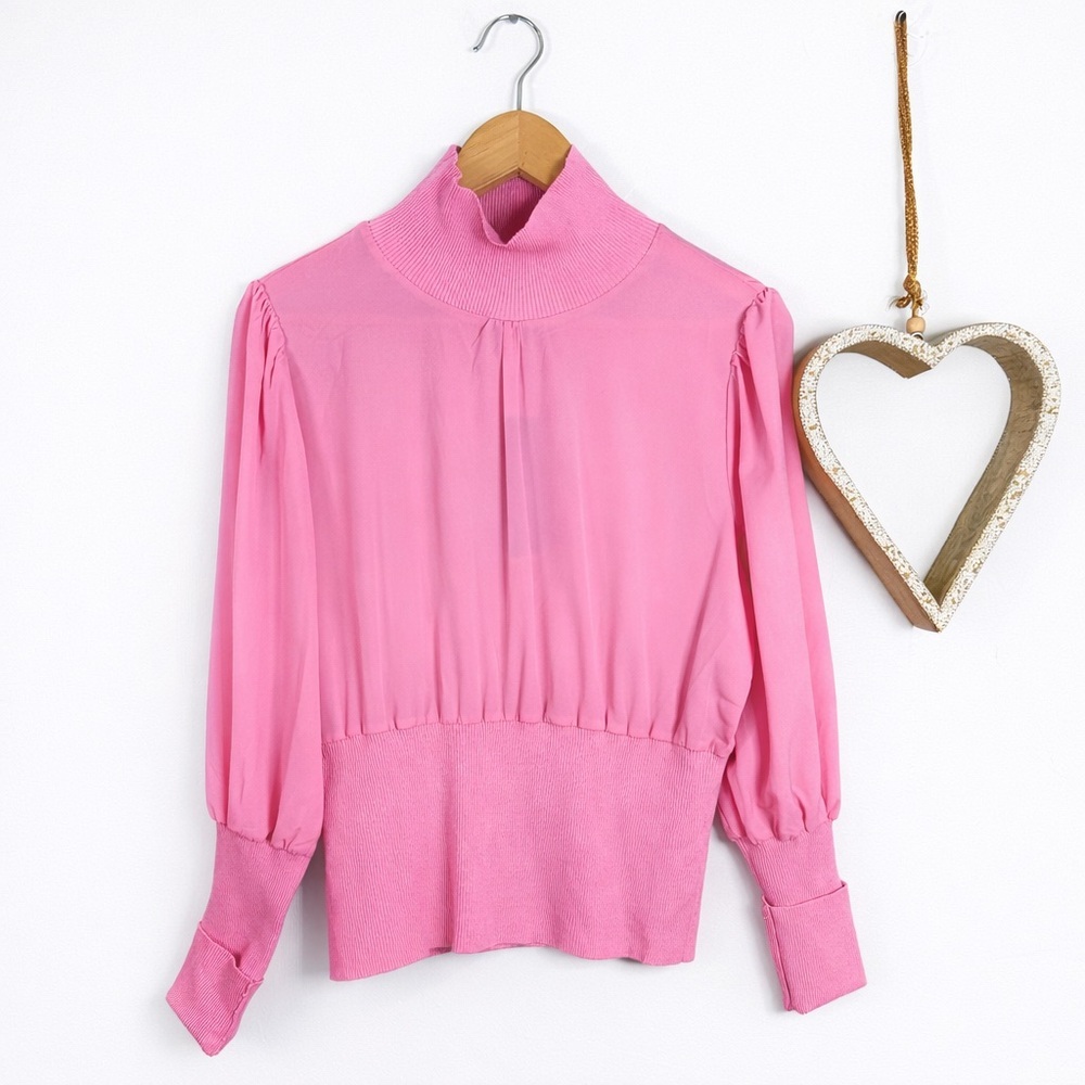 French Connection Women's Pink High Neck Blouse Smocked Waist Feminine MEDIUM